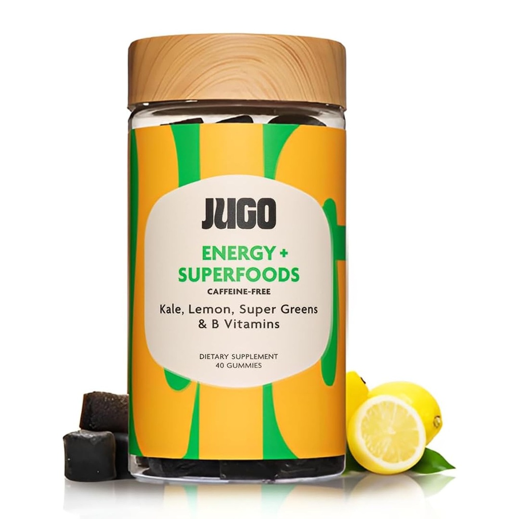 JUGO Enerji + SFOODS | Vitamin B12 Gummies with Kale & Super Greens | 40 Kont Caffeine-Free Energy Gummies | Plant-Based, Gelatin-Free, Non-GMO, Made in USA