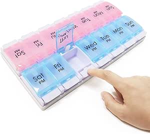 MOLN HYMY Weekly Pill Box and Organizer 2 Times a Day, 7 Günlük AM PM Pill Case Two Week, 14 Büyükleştirmeler Pill Shangları İlaç tutmak için, Vitaminler (Pink+Mavi)
