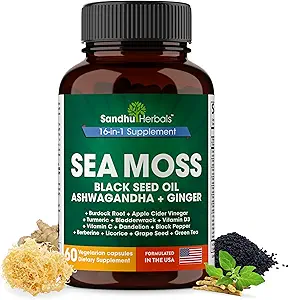 SANDHUHERBALS Sea Moss Capsules with Black Seed Oil Ashwagandha Ginger Burdock Root | Advanced Seamoss 60 | Tüm Erkekler Kadınlar Yaşıyor