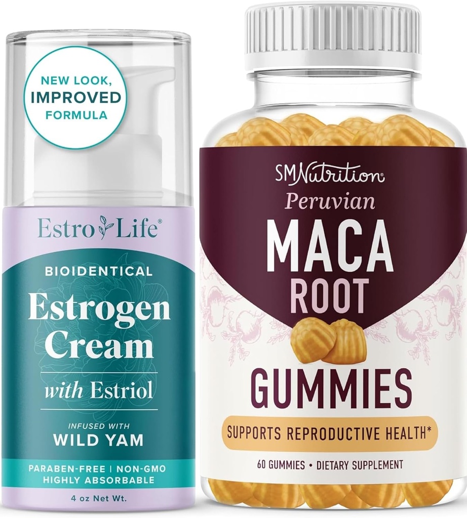 Maca Root Gummies & Estrogen Estriol Cream | Hormon Balancing Set with Peach Flavored Maca Gummies (30 Servisler) ve Estrogen Cream Advanced Formula (80 Hizmet)