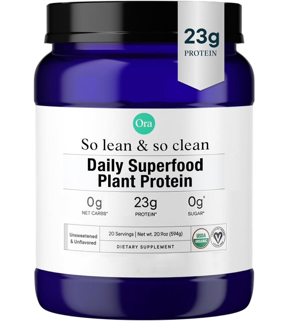 Ora Organik Vegan Protein Toz - 23g Plant bazlı Pea Protein + Kadın ve Erkekler için Superfood - Unsweetened & Unflavored - 20 Hizmet, No Erythritol, Keto-Friendly, Gluten-Free, Paleo, Soy-Free
