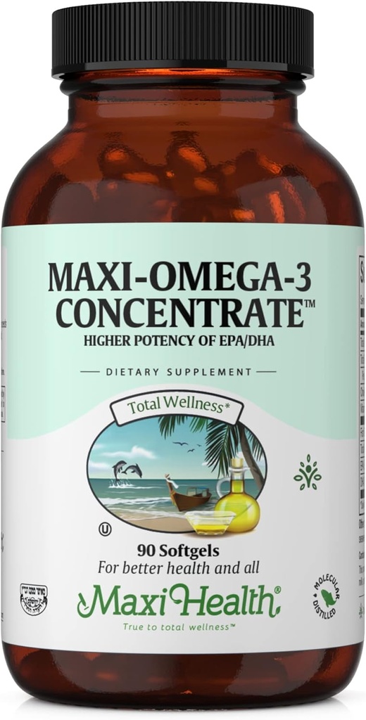 Maxi Health Omega 3 Supplement - Omega-3 Fish Oil Inter - Yüksek Potency Source of EPA/DHA Fatty Asits - Kalp, Beyin ve Ortak Sağlık - Kosher sertifikalı Vahşi Caught Fish - 90 Vegetarian Softgels
