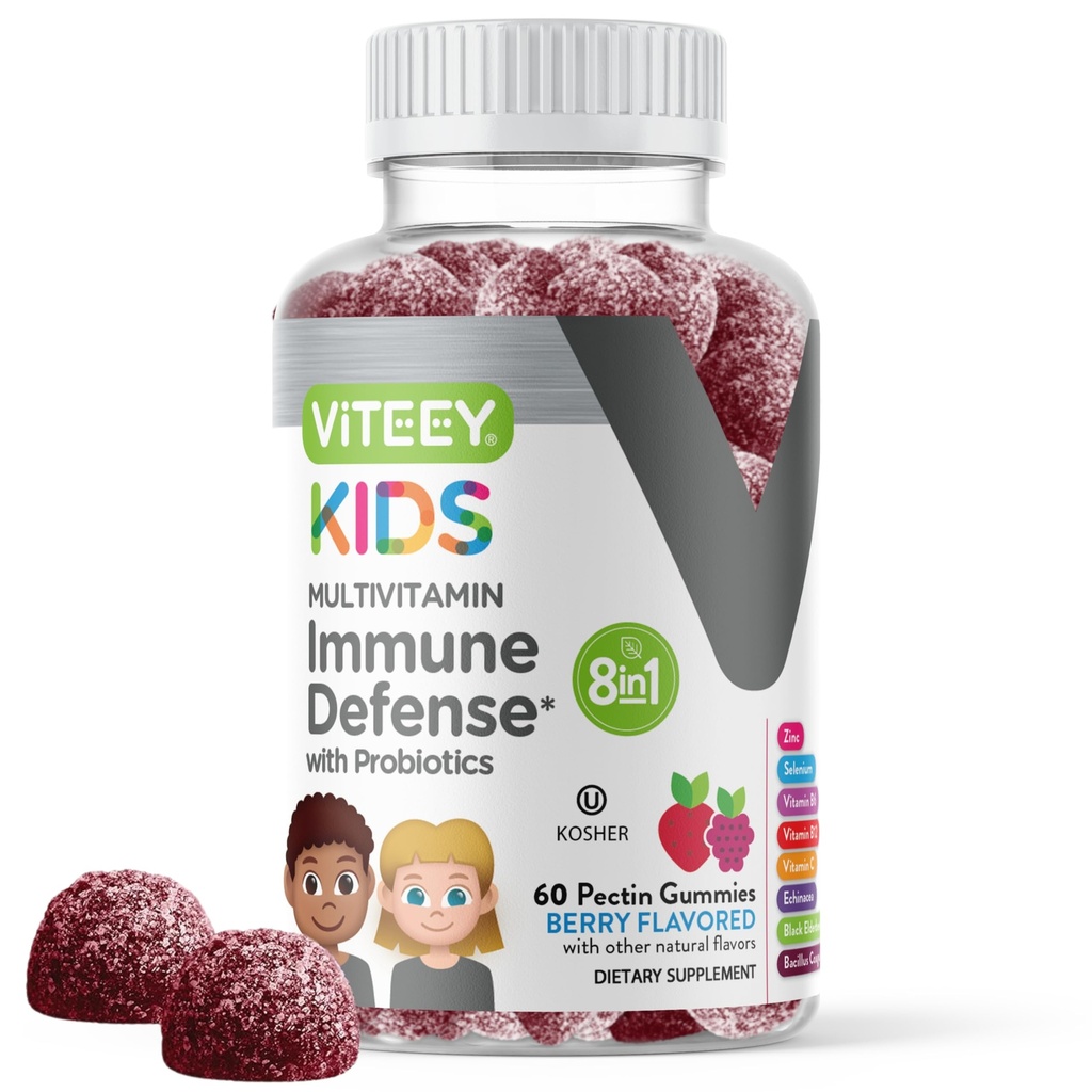 Viteey Kids Multivitamin Gummies with Probiyotiks - 8-1 Çocuklar C, D3, B12, B6, çinko, Elderberry, Selenium - Vegetarian - Chewable Tasty Berry Flavored