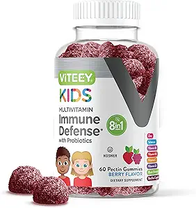 Viteey Kids Multivitamin Gummies with Probiotics - 8-1 Kids Vitamins for Immune Health Support with Vitamin C, D3, B12, B6, Zinc, Elderberry, Selenium - Vegetarian - Chewable Tasty Berry Flavored