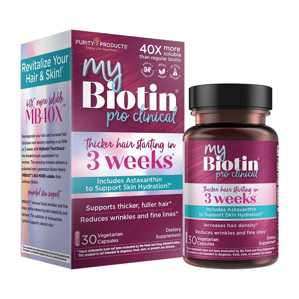 Saf Ürünler MyBiotin ProClinical - 3 Haftas & Fights Wrinkles - MB40X Patentli Biotin Vitamin B7 Matrix w/Astaxanthin - 40X Daha Fazla Sıradan Biotin, 30 Veg Capsules
