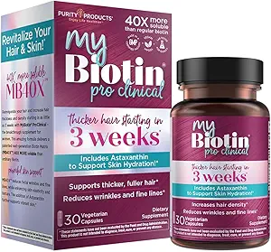Saf Ürünler MyBiotin ProClinical - 3 Haftas & Fights Wrinkles - MB40X Patentli Biotin Vitamin B7 Matrix w/Astaxanthin - 40X Daha Fazla Sıradan Biotin, 30 Veg Capsules