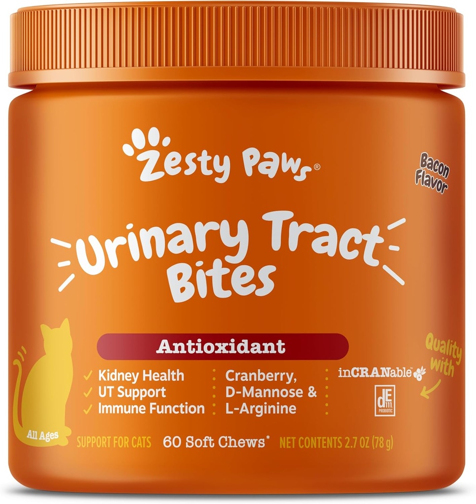 Zesty Paws Cranberry Urinary Tract Bites for Cats - Kidney & Urinary Tract Health - Soft Chews with D-Mannose, B6 & L-Arginine - Immun Count & Gut Support - Bacon - 60