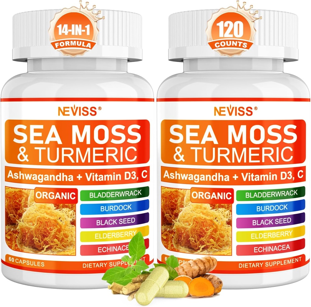 Sea Moss Κάψουλες - Ιρλανδική Θάλασσα Μος με Turmeric Plus Ashwagandha, Μαύρο See Oil, Bladderwrack, Burdock Root, Vitamin C & D3, ACV Chlorophyl 120Cts