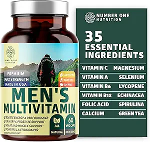 Bir Beslenme Premium Erkek Günlük Multivitamin Multimineral Supplement [Gluten Free, Non-GMO], Vitaminler A C E D B1 B2 B3 B5 B6 B12, Magnezyum, Biotin, Sprulina ve çinko, 60 Veg Caps