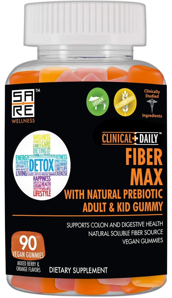 CLINICAL DAILY Fiber Max, Vegan High Fiber Gummies for Yetişkinler & Kids. Yetişkinler ve Çocuklar için Acil Yardım. Prebiyotik Inulin Fiber Supplement Gummies. 90 Gluten-Free Laxative Gummies for Gut Tamir