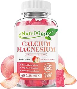 Ασβέστιο Gummies 600mg με Βιταμίνη D3, Μαγνήσιο Ψευδαργύρου Gummies για Οστική & Ανοσολογική Υποστήριξη, Συμπλήρωμα ασβεστίου για γυναίκες & άνδρες, Χωρίς ζάχαρη, Vegan, Ροδάκινο Γεύση, 60 Count