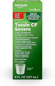 Temel Bakım Tussin Severe CF Max Syrup, Multi-Symptom Cough, Cold and Flu Liquid Medicine, Non-Drowsy, Relieves Cough, Sore Throat, Body Aches, Fever, Nasal ve Chest Congestion, 8 fl oz