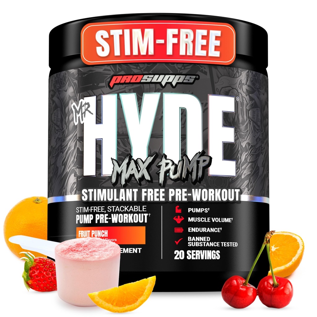 PROSUPPS Bay Hyde Max Pump Pre Workout Toz - Stim-Free Preworkout Supports Blood Flow, Muscle Volume & Endurance - Caffeine-Free Nitric Fitness Gym & Fitness Supplements (Fruit Punch, 20 Hizmet)