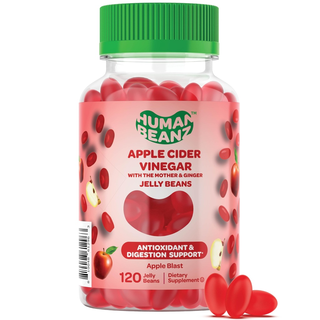 Apple Cider Vinegar Jelly Bean Gummies with The Mother and Ginger, Vegetarian Diyetary Supplements for Men and Women, Digestive Health Support, 120 Apple Blast Jelly Beans, Kosher