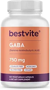 BESTVITE GABA 750 mg per Capsule (120 Vegetarian Capsules) - No Stearates - No Fillers - Vegan - Gluten Free - Non GMO