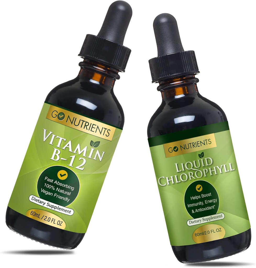 Go Nutrients B12 2 oz & Liquid Chlorophyll 60 ml GMO Free, Vegan Dostu, Gluten Free, Soy Free, Liquid Chlorophyll Vegan B12 Sublingual Supplement ile 3000 mcg Mecobalamin