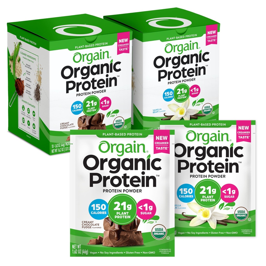 Orgain Organic Vegan Protein Powder Travel Packs - Vanilla Bean and Chocolate Fudge (10 Packets Each)