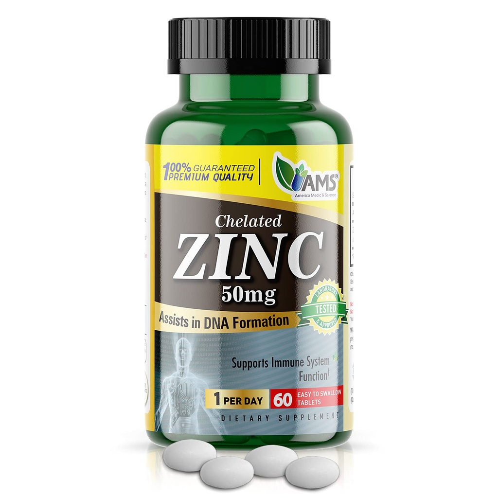 America Medic & Science Chelated Zinc 50 mg Συμπληρώματα (1 συσκευασία των 60 δισκίων) ανοσοενισχυτής και ισχυρό αντιοξειδωτικό χάπια για ενήλικες άνδρες και γυναίκες 