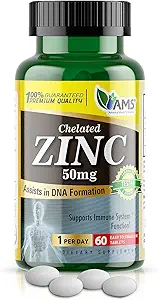 America Medic & Science Chelated Zinc 50 mg Supplements (1 Pack of 60 Tablets) Immune Booster and Powerful Antioxidant Pills for Adults Men and Women | Highly Absorbable Mineral, Improves Mood & Sleep