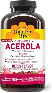 Country Life Acerola Vitamin C Kompleksi, 500 mg, Chewable Berry Flavored Wafers, Supports Immune Health, 180 Wafers, sertifikalı Gluten Free by GFCO , Vegan AVA