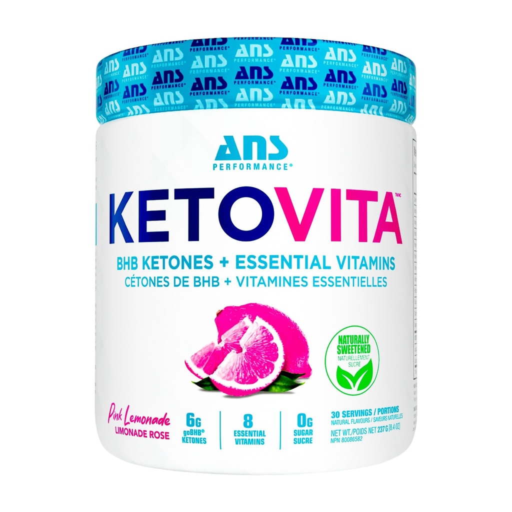 ANS Performance Ketovita Supplement Beta-Hydroxybutyrate Ketones Drink Powder with Zero Sugar and 30 Servings, Boosts Metabolism, Pink Lemonade