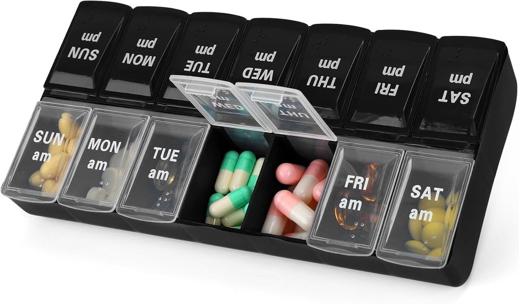 7 ημέρα εβδομάδα AM Pill Organizer, 2 φορές μια ημέρα μεγάλο κουτί χάπια περίπτωση για χάπια βιταμίνη συμπληρώματα φαρμακευτική αγωγή (Black+White,2 φορές)