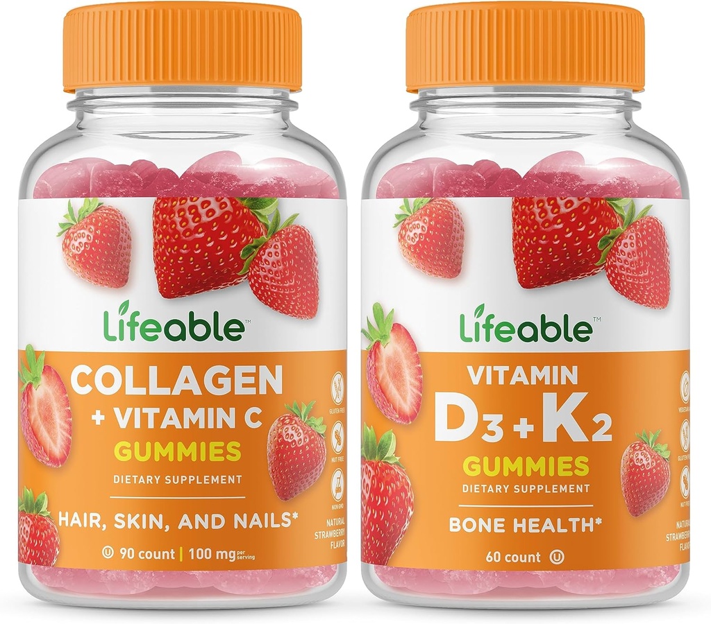 Lifeable Collagen & Vitamin C + Vitamin D3 + Vitamin K2, Gummies Sche - Great Tasting, Vitamin Supplement, Gluten Free, GMO Free, Chewable Gummy