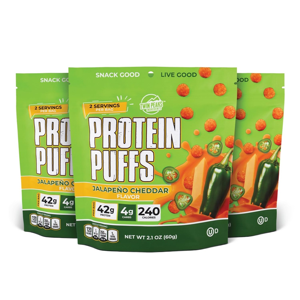 Twin Peaks Low Carb, Keto Friendly Protein Puffs, (Jalapeno Cheddar, 2.1 Ounce), 2 Servings, 3 Pack (60g, 42g Protein, 4g Carbs)