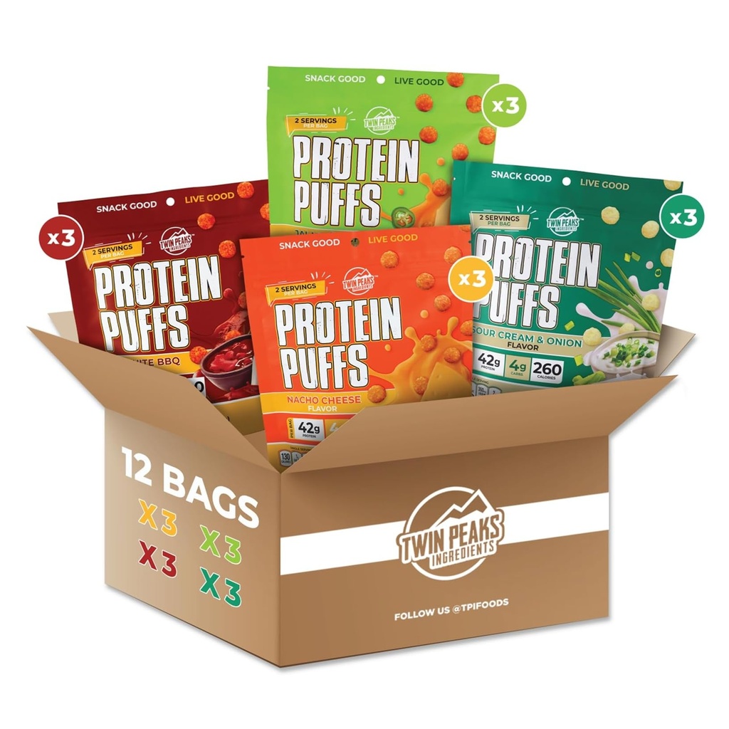 Twin Peaks Low Carb, Keto Friendly Protein Puffs, 2 Serving 12 Pack, (60g, 42g Protein, 4g Carbs)