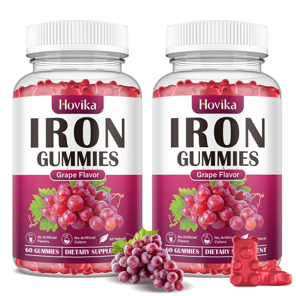 (2 Pack) Iron Gummies συμπλήρωμα για γυναίκες & άνδρες, συμπληρώματα σιδήρου για αναιμία με βιταμίνη C, B12, Folate-Blood Builder & Energy Support for Iron Deficiency - Grape Flavor, Vegan, 120 Gummies