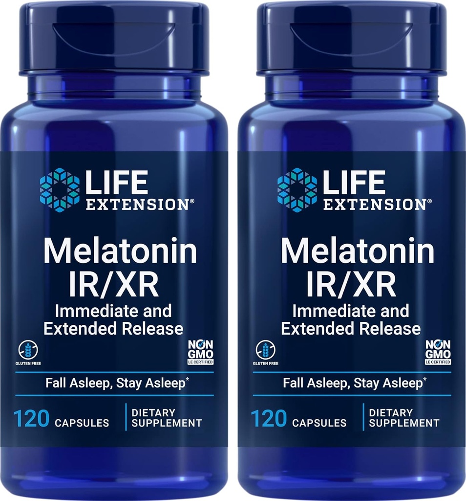 Life Extension Melatonin IR/XR, 120 Capsules (Pack of 2) - Immediate & Extended-Release for 7 Hours Support - Night Time Supplement - Stay Asleep All Night Long - Non-GMO, Gluten-Free-GMO, Gluten-Free-Free-GMO,