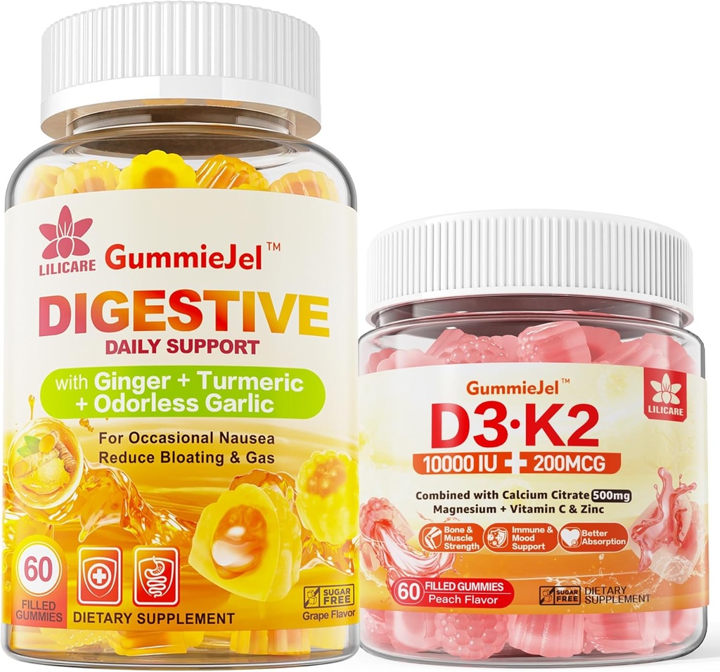 Βιταμίνη D3 K2 Γεμισμένα Gummies 5000IU / 10.000 IU με 500mg Ασβέστιο, Μαγνήσιο Κιτρικό, Βιταμίνη C & Ginger Chews συμπλήρωμα Gummies για Ναυτία, Στομάχι ανακούφιση