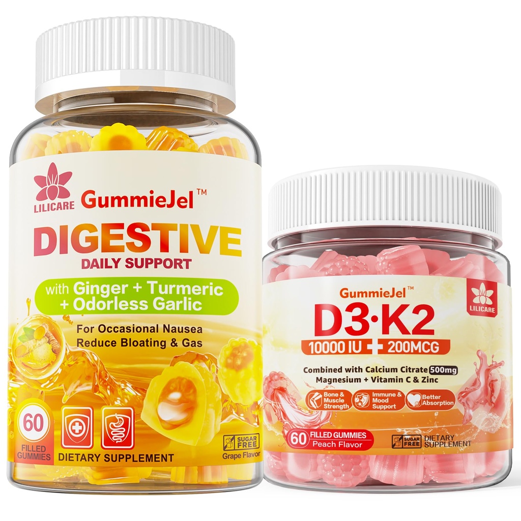 D3 K2, Mimmies 5000IU / 10.000 IU ile 500 mguba, Magnezyum Citrate, C & Ginger Chews Supplement Gummies for Nausea, Stomach Relief