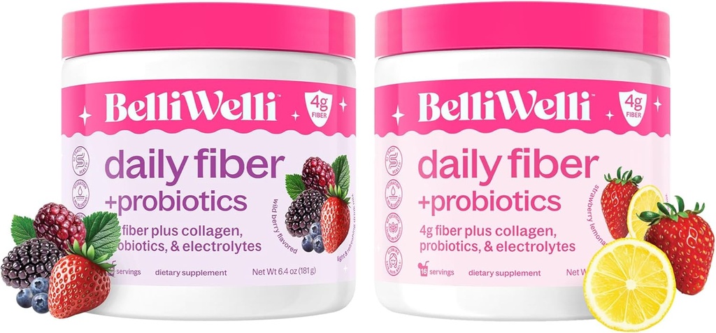 Belli Welli Daily Fiber Supplement Sche with Collagen, Probiyotiks & Electrolytes – Strawberry Lemonade & Wild Berry Flavors – Supports Digestion, Gut Balance, & Debloating – 32 Hizmet