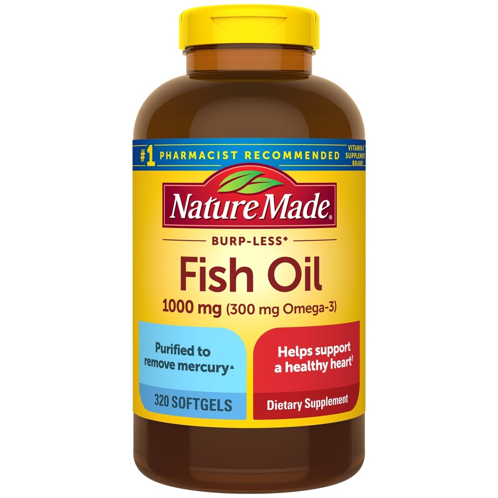 Nature Made Burp Less Fish Oil Omega 3 Supplements, 1000 mg Softgels, Omega 3 Fish Oil Supplements for Health Heart Support, 320 Softgels, 160 Day Supply Supply Support, 320 Softgels, 160 Day Supply