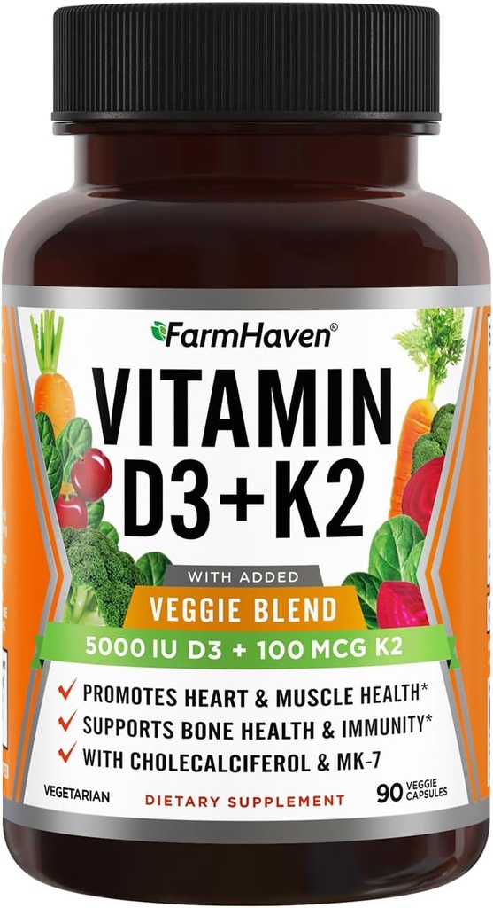 Farm Haven Vitamin D3 K2 Capsules - 5000 IU D3 ve 100 mcg K2 - Cholecalciferol MK7 with Veggie Fruit Assembly - D2 Supplement for Immune System & Heart Health - Vegetarian, Non-GMO, 90 Caps