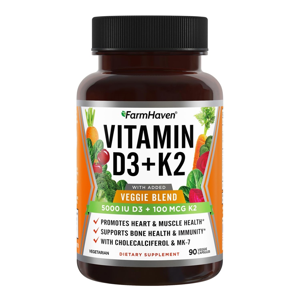 FarmHaven Vitamin D3 K2 Κάψουλες - 5000 IU D3 και 100 mcg K2 - Cholecalciferol MK7 με Veggie Fruit Blend - Βιταμίνη D K2 Συμπλήρωμα για το ανοσοποιητικό σύστημα & την υγεία της καρδιάς - Χορτοφαγικά, Μη ΓΤΟ, 90 Caps