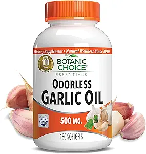 Botanic Choice Odorless Garlic Oil Softgels - Antioxidant Cholesterol and Immune Support Supplement for Adults - Gluten Free Non-GMO - 180 Pills