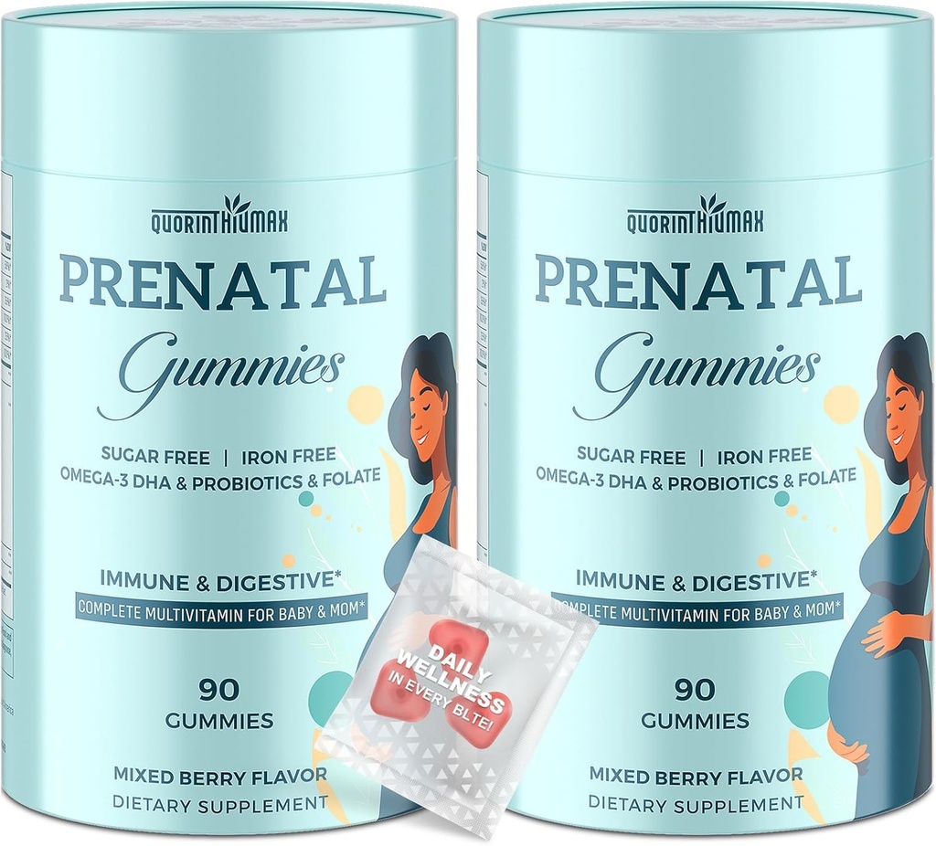 Prenatal Gummies Sugar Free 180 Count - Organics Prenatal Vitamins for Women with Folate, DHA & Probiyotiks - Iron Free Prenatal Vitamin Gummies for Immune & Digestive - 2 Şişes