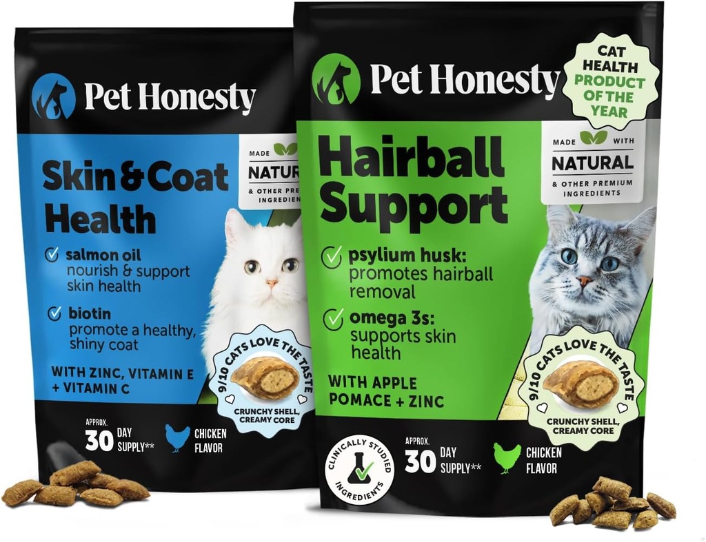 Cat Skin & Coat Health & Hairball Support Sche: Omegas & Biotin Chews for Shiny Coat & Furball Remedy (Chicken 30-Day Supply)