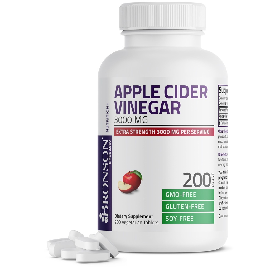 Bronson Apple Cider Vinegar 3000 MG In Extra Strength - Non-GMO, 200 Vegetarian Tabletler