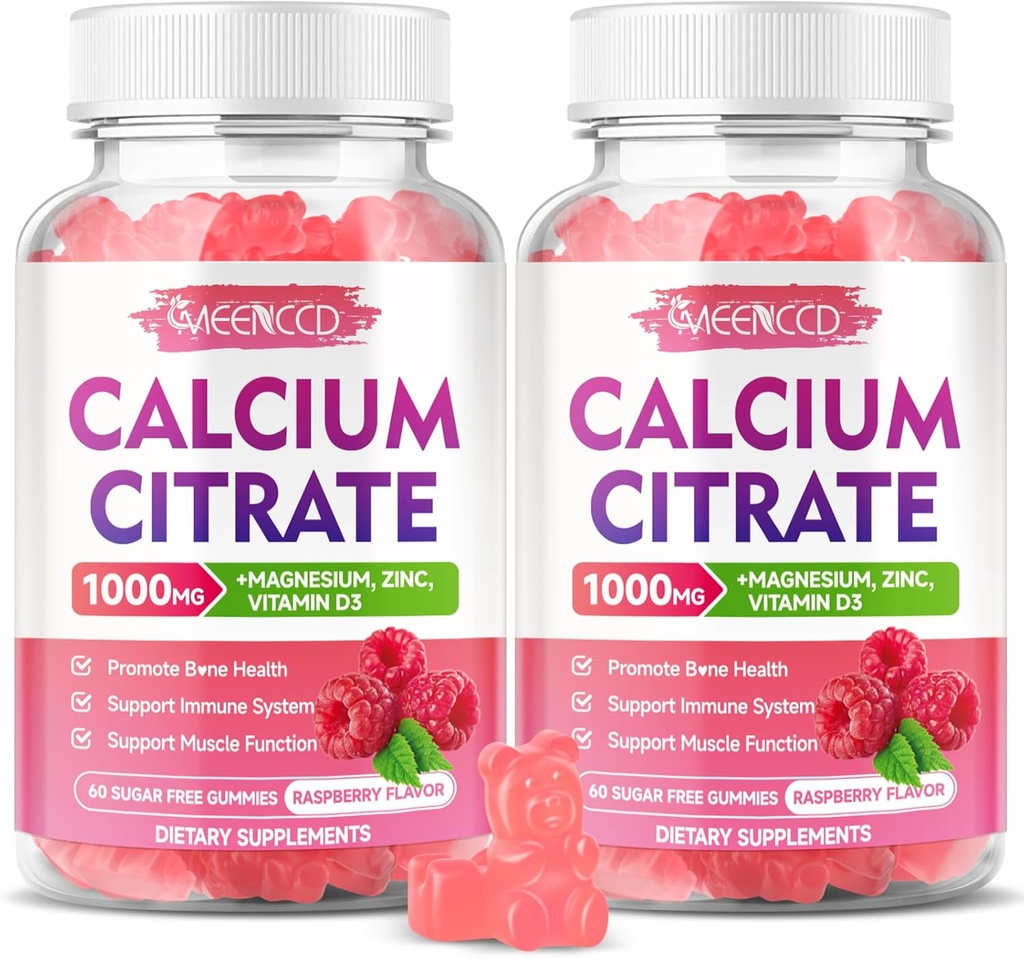 2 Packuba Citrate Gummies 1000 mg w/Vitamin D3, High Abhidrodis Gummies for Women & Men, Plus Magnezyum, P properties, çinko for Muscle & Immune, Raspberry Flavor, 120 Count