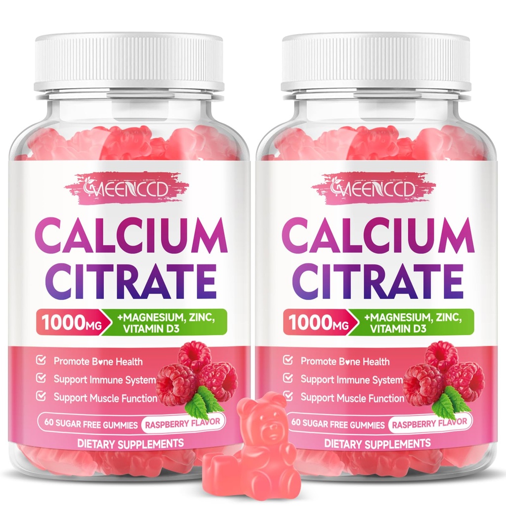 2 Packuba Citrate Gummies 1000 mg w/Vitamin D3, High Abhidrodis Gummies for Women & Men, Plus Magnezyum, P properties, çinko for Muscle & Immune, Raspberry Flavor, 120 Count