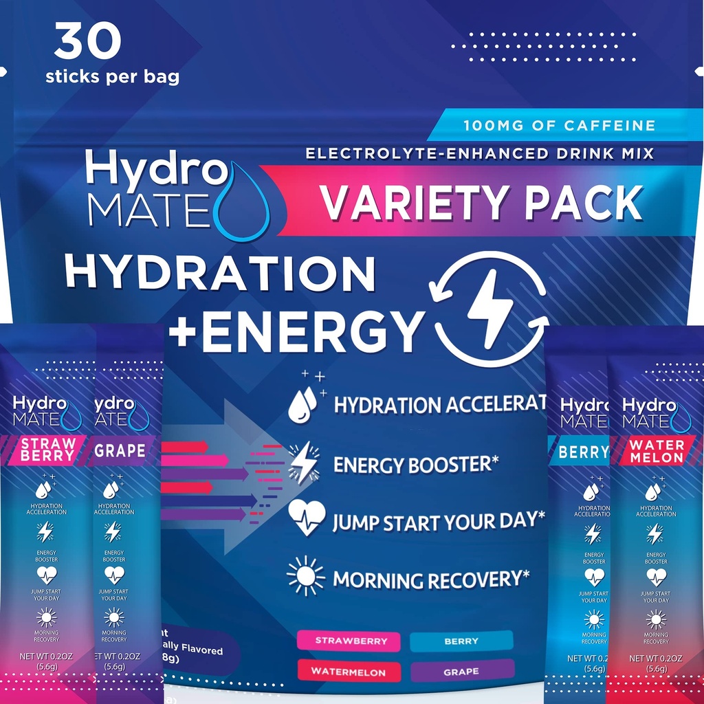 HidroMATE Electrolytes Toz İçecek Paketleri Hydration Hızlandırma C Plus Caffeine Diversity Pack - 30 Kont