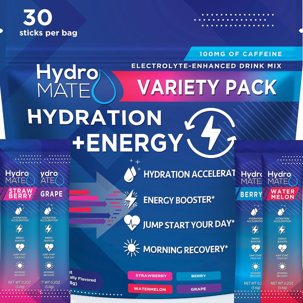 HydroMATE Electrolytes Powder Drink Mix Packets Hydration Accelerator Low Sugar Party Favors for Rapid Recovery Vitamin C Plus Caffeine Variety Pack - 30 Count