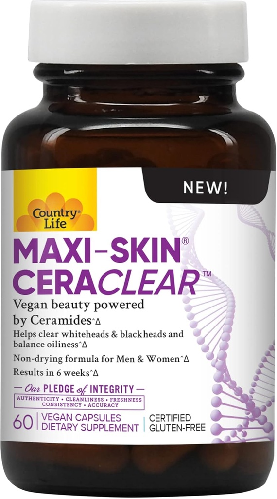 Country Life Maxi-Skin CeraClear, 60 Vegan Capsules - Klinik olarak Studied Konjac Root Ceramids'i Clear, Hydrated Skin & improve Hyperpigmentation – Gluten Free, Vegan, Kosher