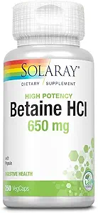Solaray Betaine HCL με Pepsin, Hydrochloric Acid Formula υψηλής ισχύος, Healthy Digestion Supplement, Digestive Enzymes for Gut Health Support, 60-Day εγγύηση, 250 υπηρεσίες, 250 VegCaps