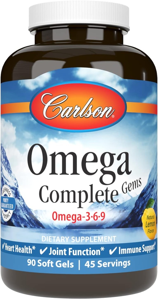 Carlson - Omega Complete Gems, Omega-3-6-9, Wild Caught, Sustainable Sourced, Heart Health, Joint Function & Immune Support, 90 Softgels