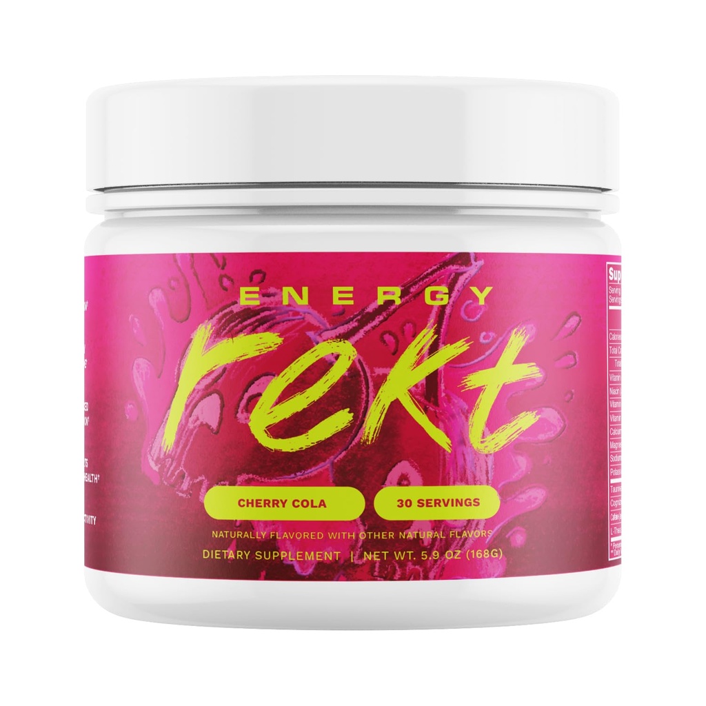 Rekt Energy + Focus Powder, Cherry Cola - Clean Energy, Zero Sugar, Zero Calories, 200mg Natural Caffeine, Nootropics, L-Theanine, Energy Drink Mix (30 Servings)