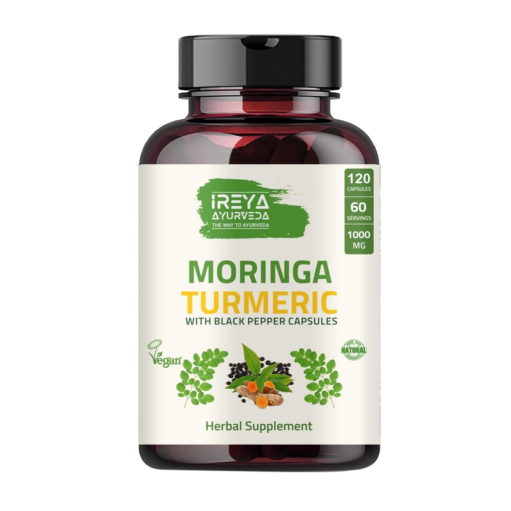 Organik Moringa Oleifera Toz & Turmeric Root Toz Blackpepper 120 Capsules | Organik Moringa, Turmeric ve Black Pepper | Vegan, Gluten-Free ve Non-GMO ile yapılır.